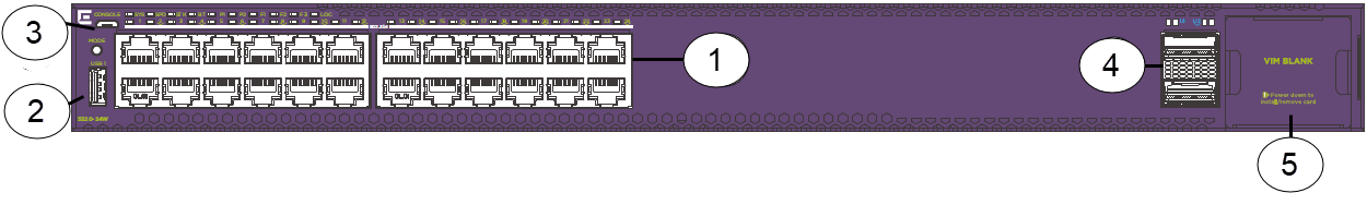Front panel view of 5520-24W switch showing fixed ports, USB port, LEDs, and VIM slot. Front panel view of 5520-24W switch showing fixed ports, USB port, LEDs, and VIM slot.